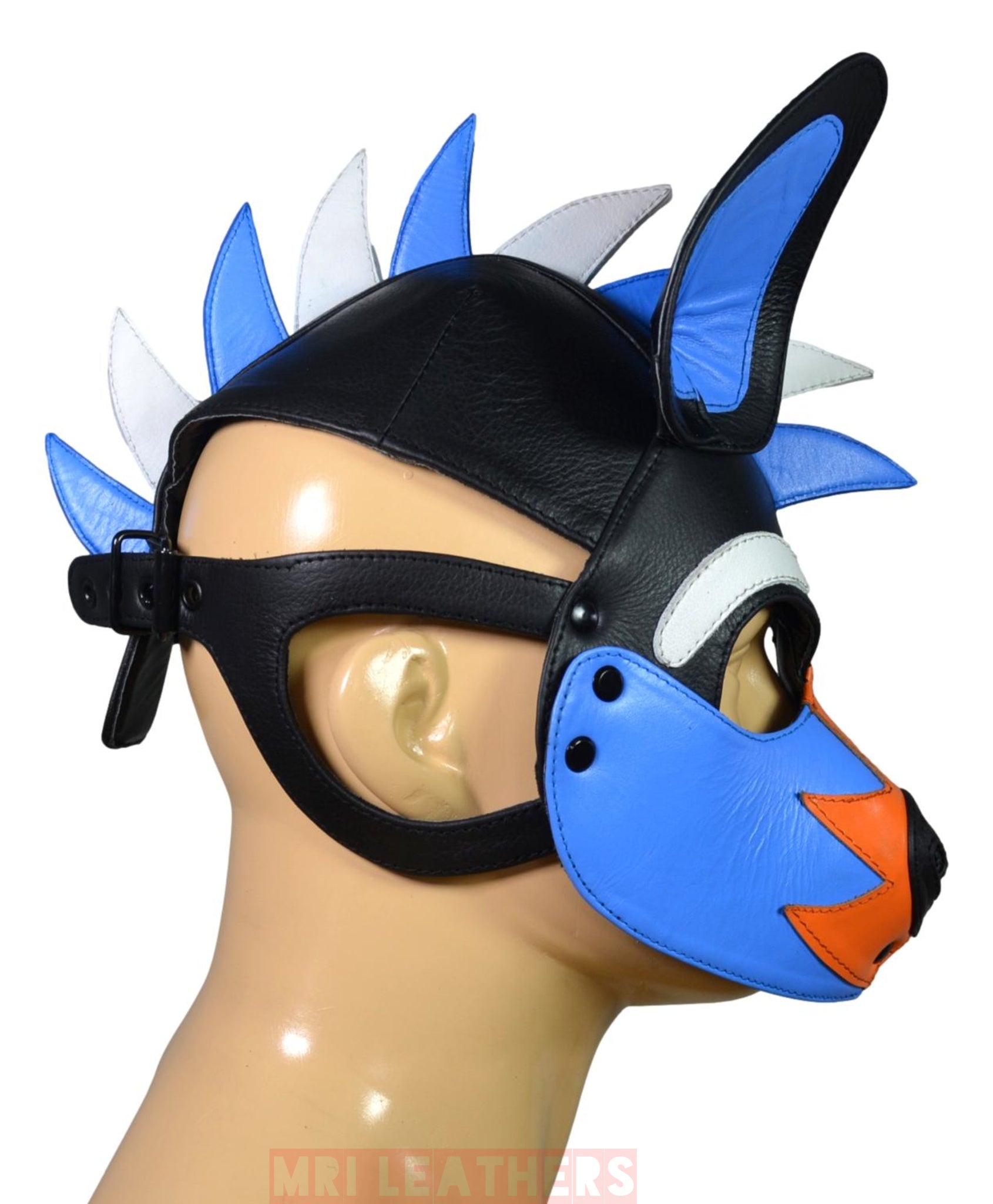 Leather Puppy Mask Hood Human puppy Flame on Head Blue Orange White - MRI Leathers