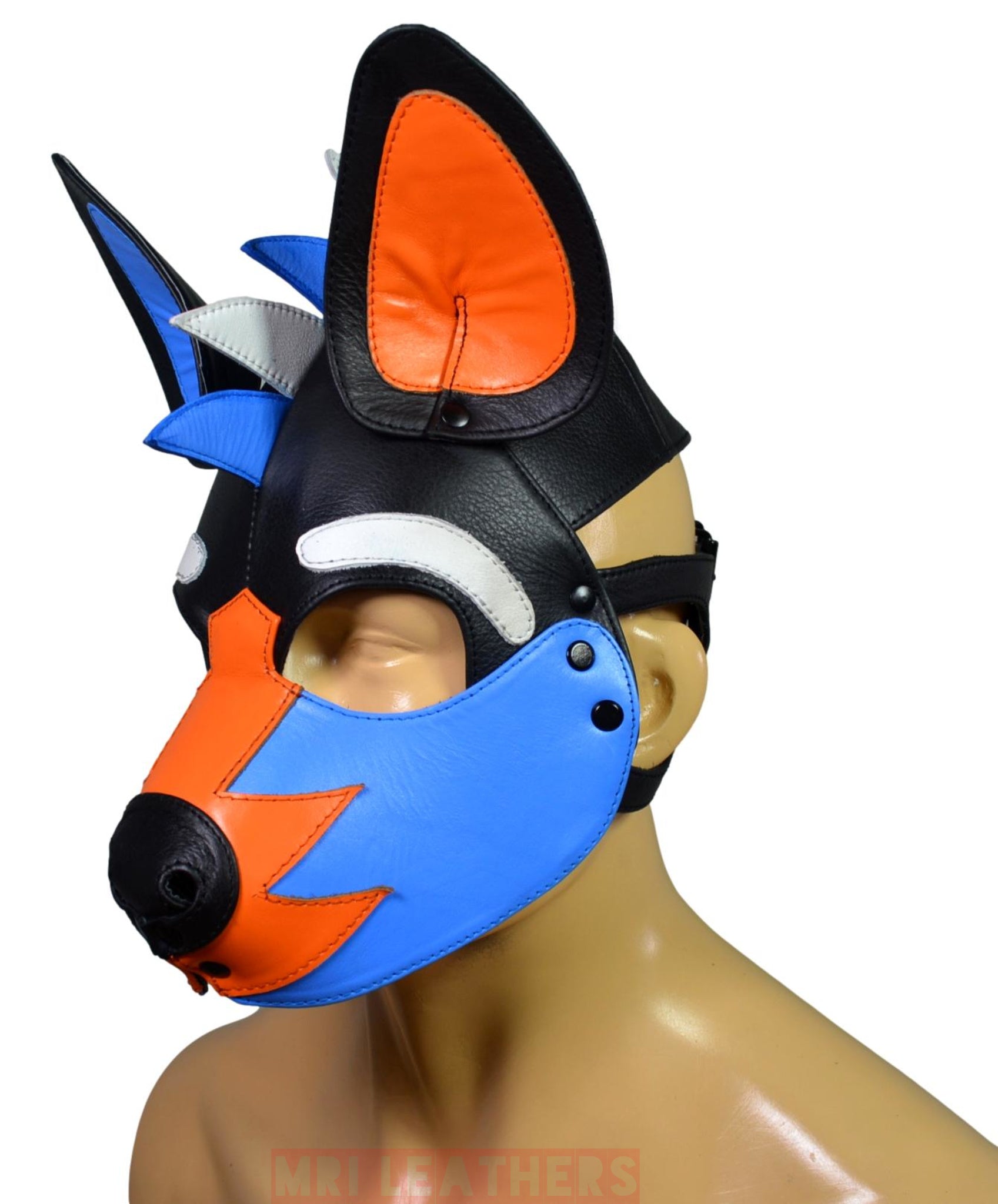 Leather Puppy Mask Hood Human puppy Flame on Head Blue Orange White - MRI Leathers