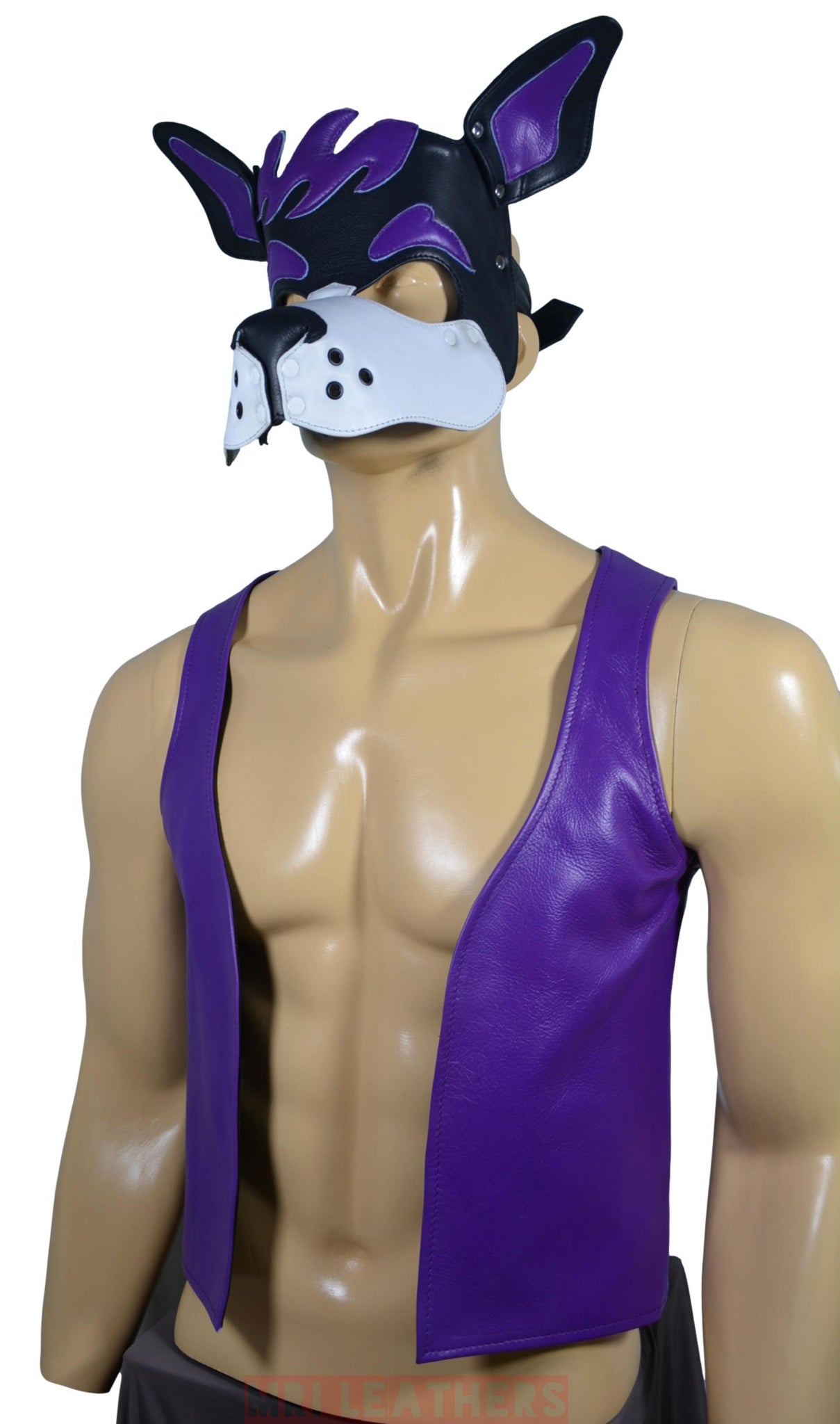 Leather Purple Bar Vest for Men Open Front Leather with puppy mask hood - MRI Leathers