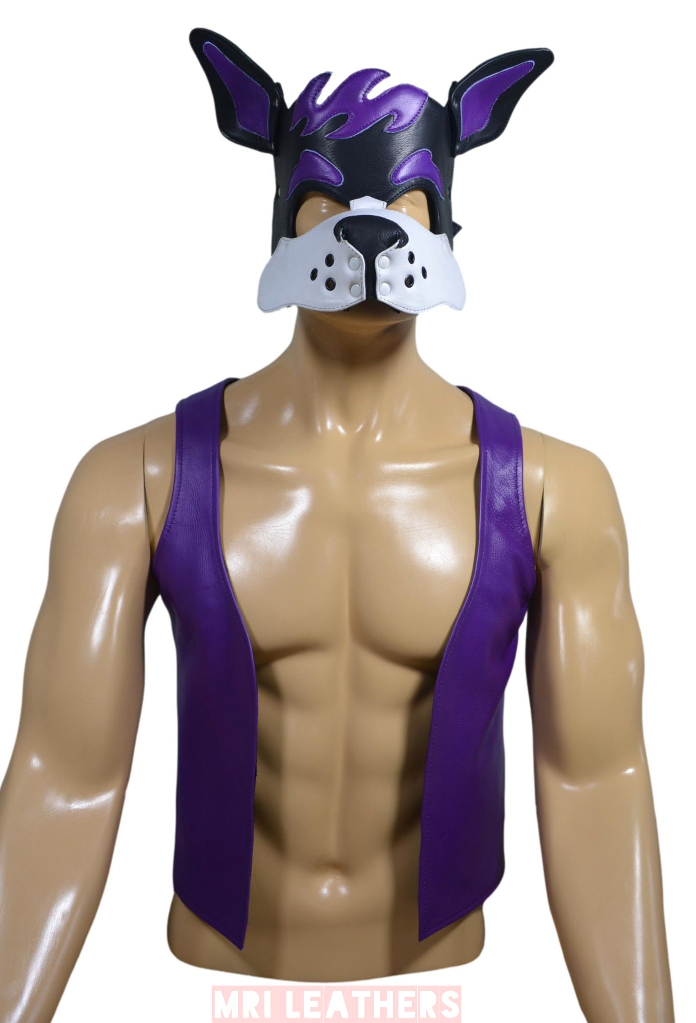 Leather Purple Bar Vest for Men Open Front Leather with puppy mask hood - MRI Leathers