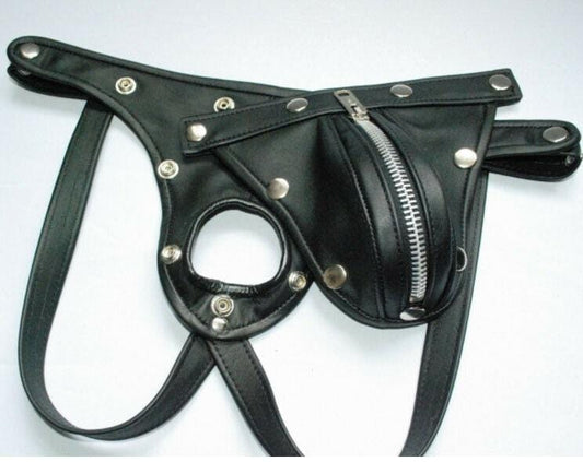 Men Black Leather Jock Strap 