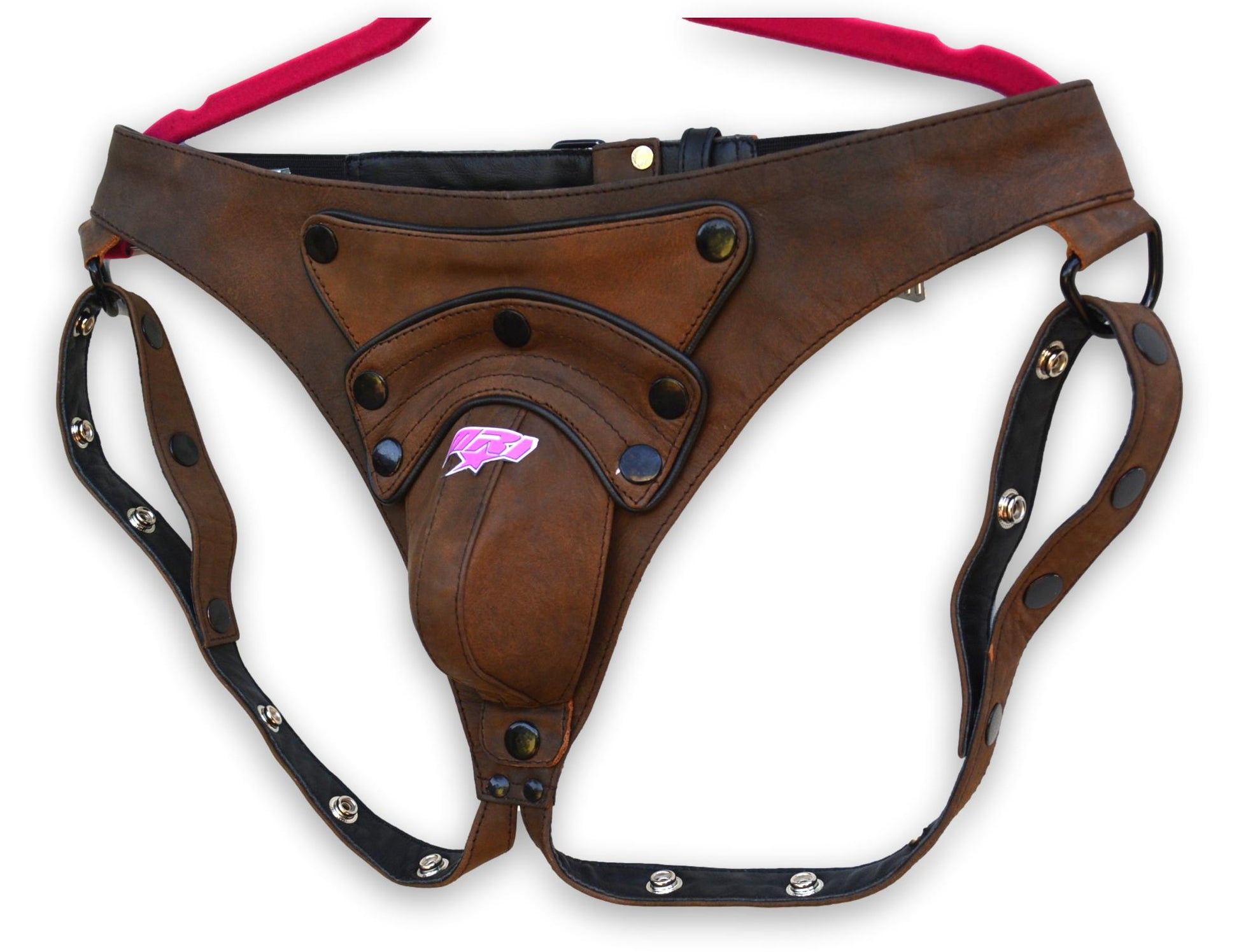Men's brown leather jock strap with removable pouch and back closure.