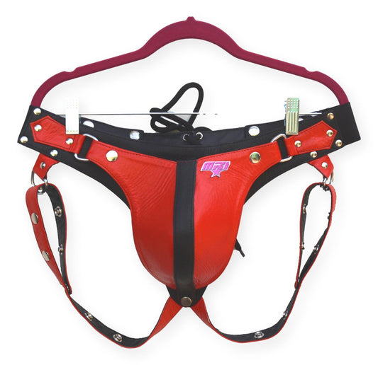 Men Leather Red Jock Strap Men's Posing Pouch Thong JockStrap - MRI Leathers