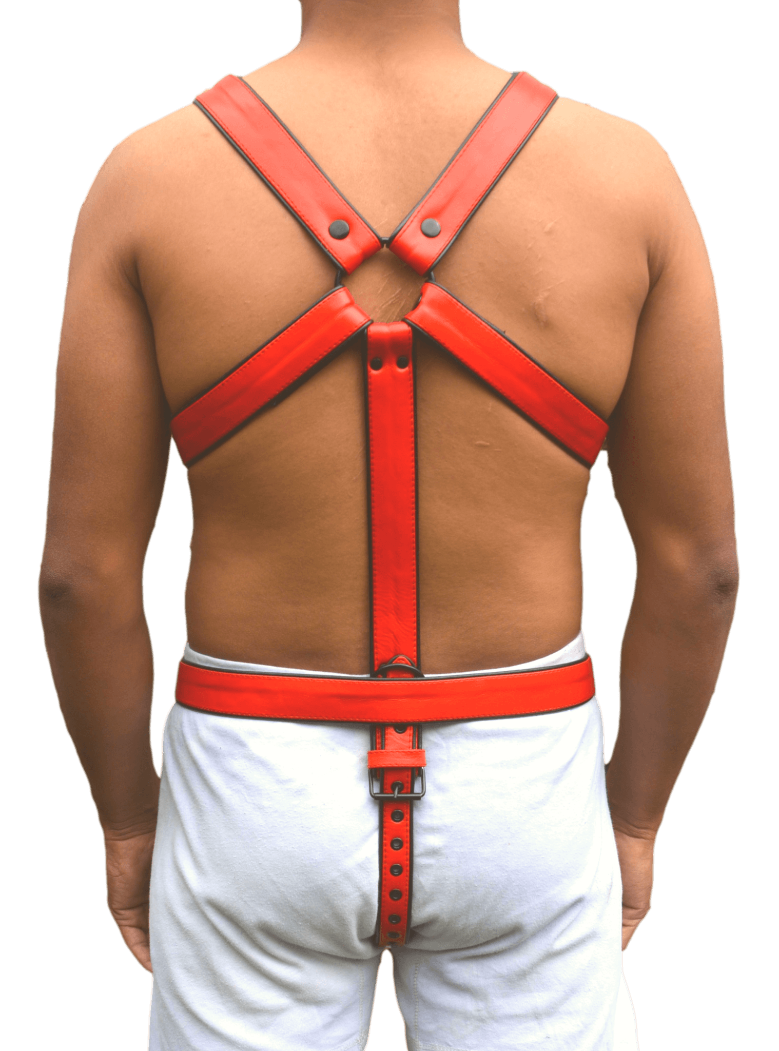 Men's leather chest harness with adjustable straps and stainless steel hardware.