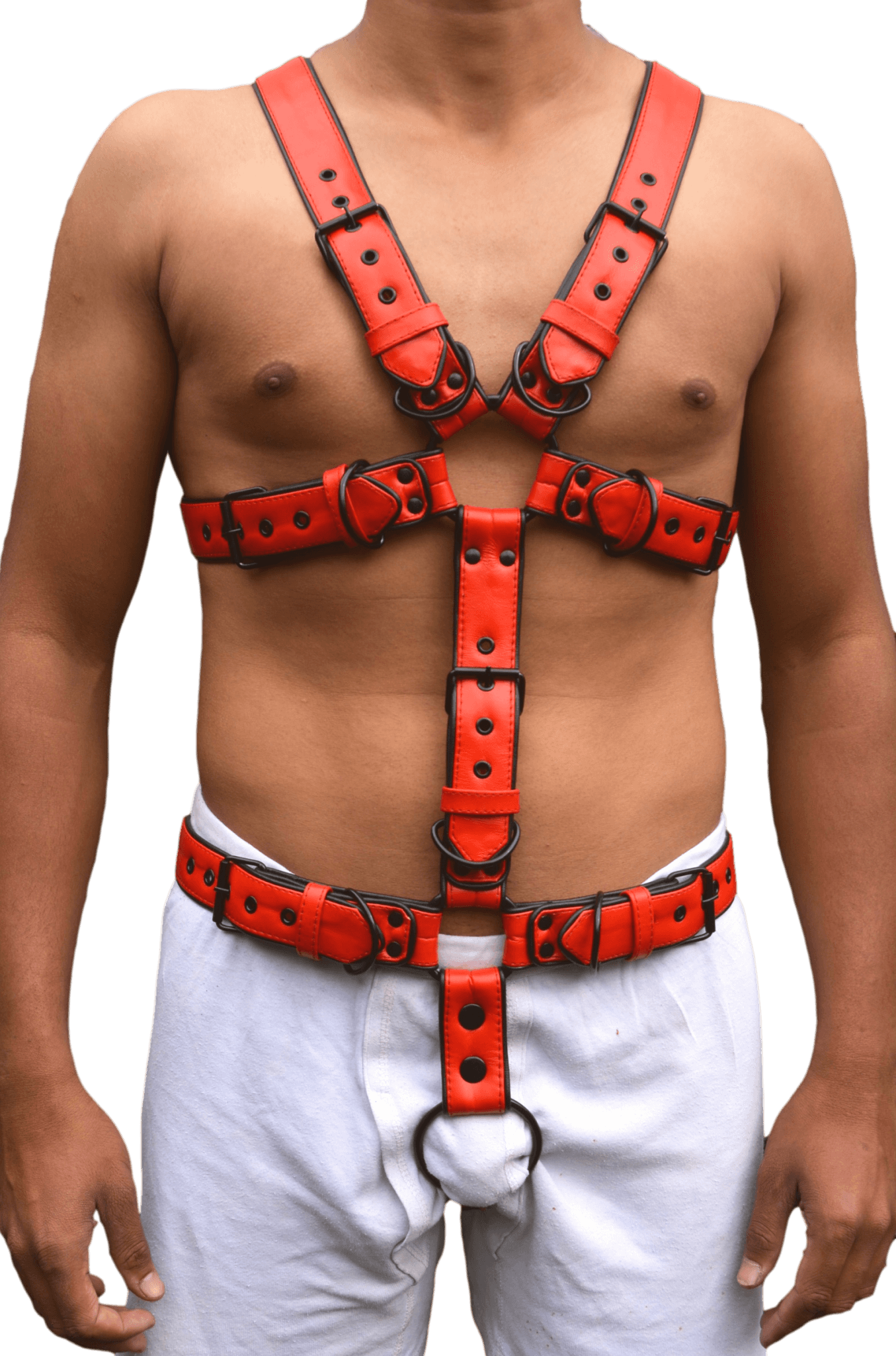 Men's leather restrain chest harness with stainless steel hardware, adjustable fit, and included arm band.