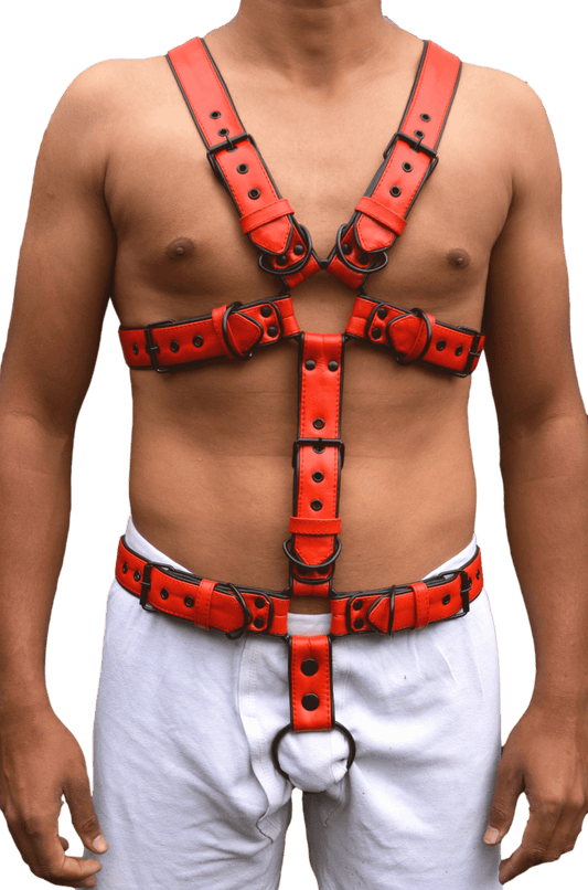 Men's leather restrain chest harness with stainless steel hardware, adjustable fit, and included arm band.