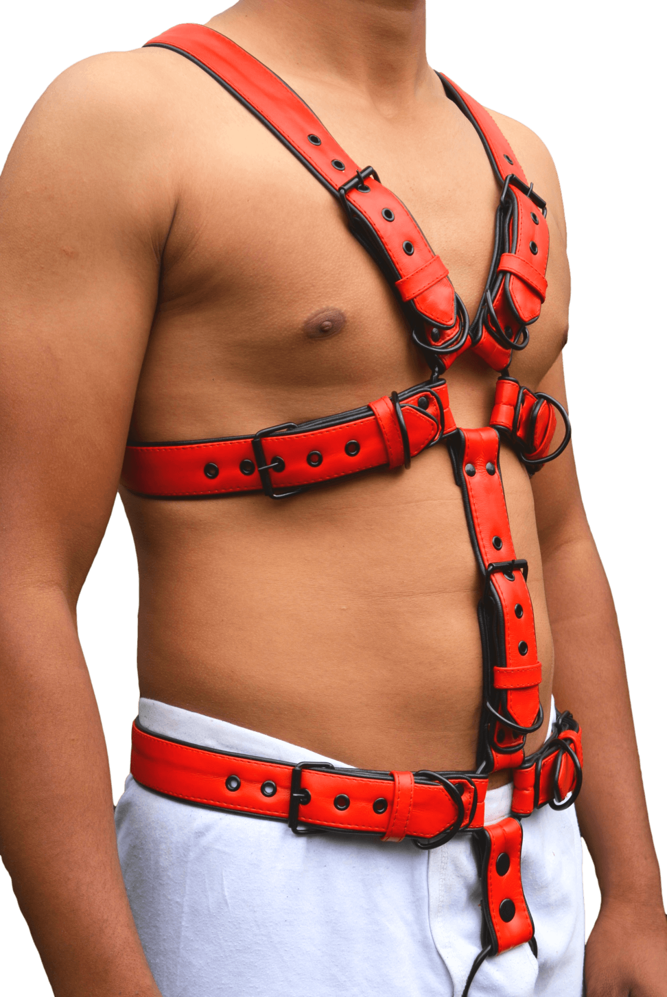 Men leather restrain chest harness strap in red with adjustable buckles, stainless steel hardware, and crafted from real leather for clubwear.