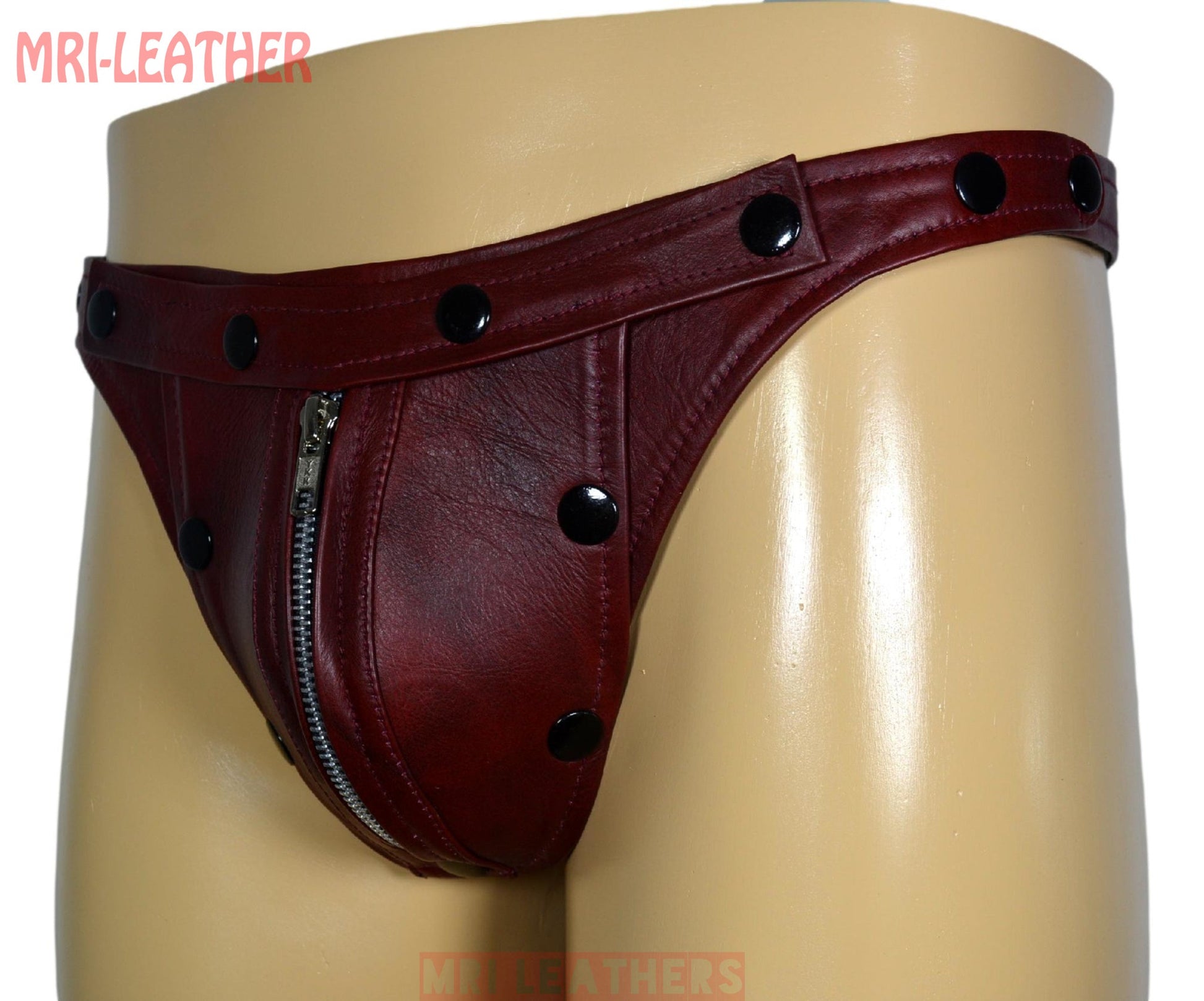 Men Leather Thong adjustable remove able pouch Tow tone maroon leather with zipper - MRI Leathers
