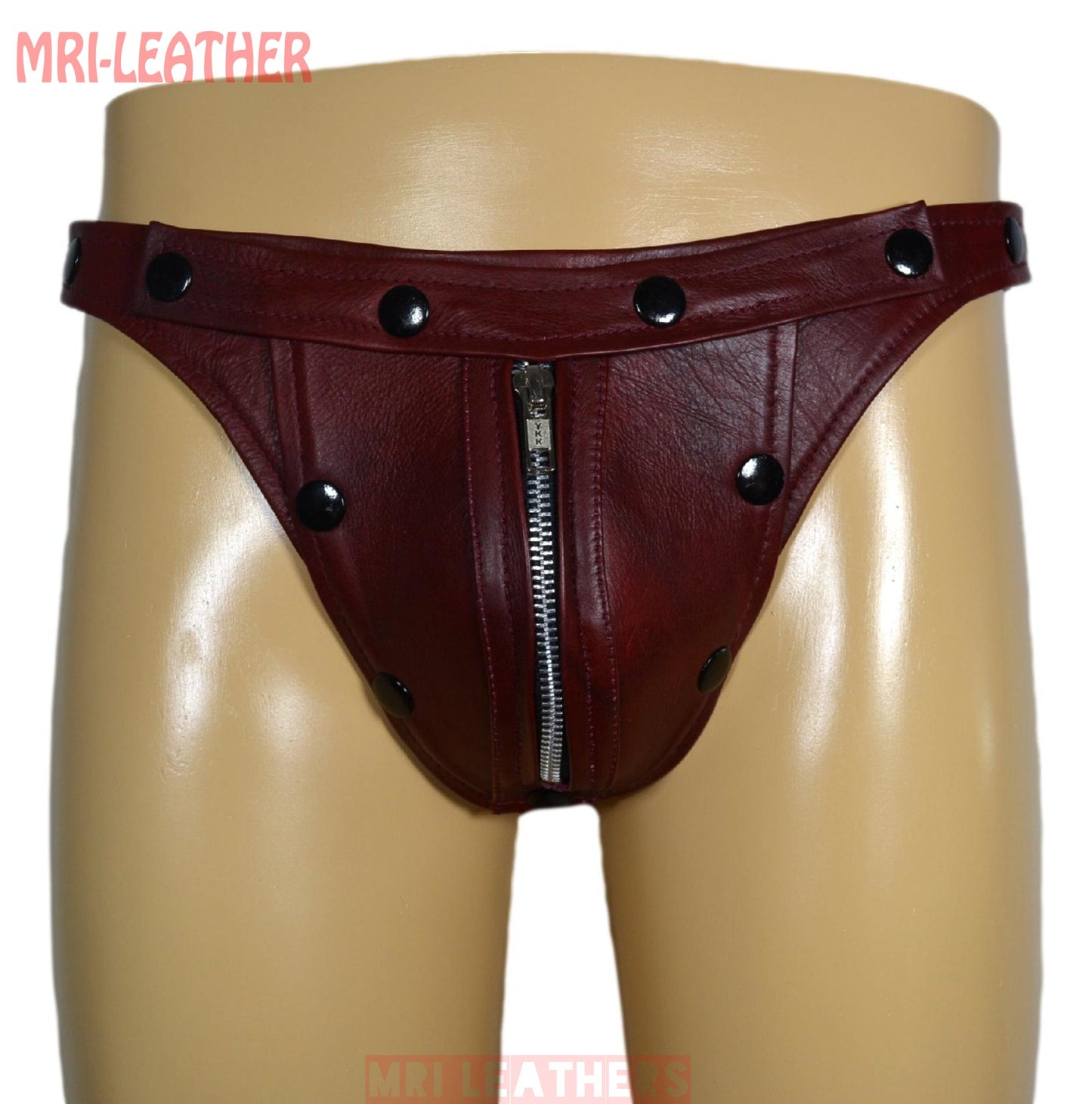 Men Leather Thong adjustable remove able pouch Tow tone maroon leather with zipper - MRI Leathers