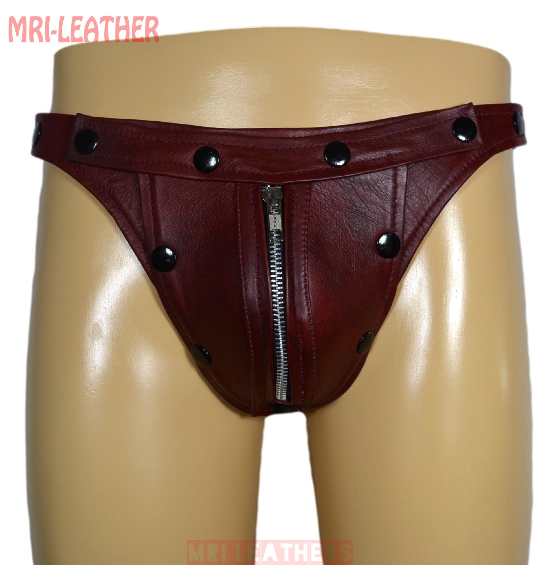 Men Leather Thong adjustable remove able pouch Tow tone maroon leather with zipper - MRI Leathers