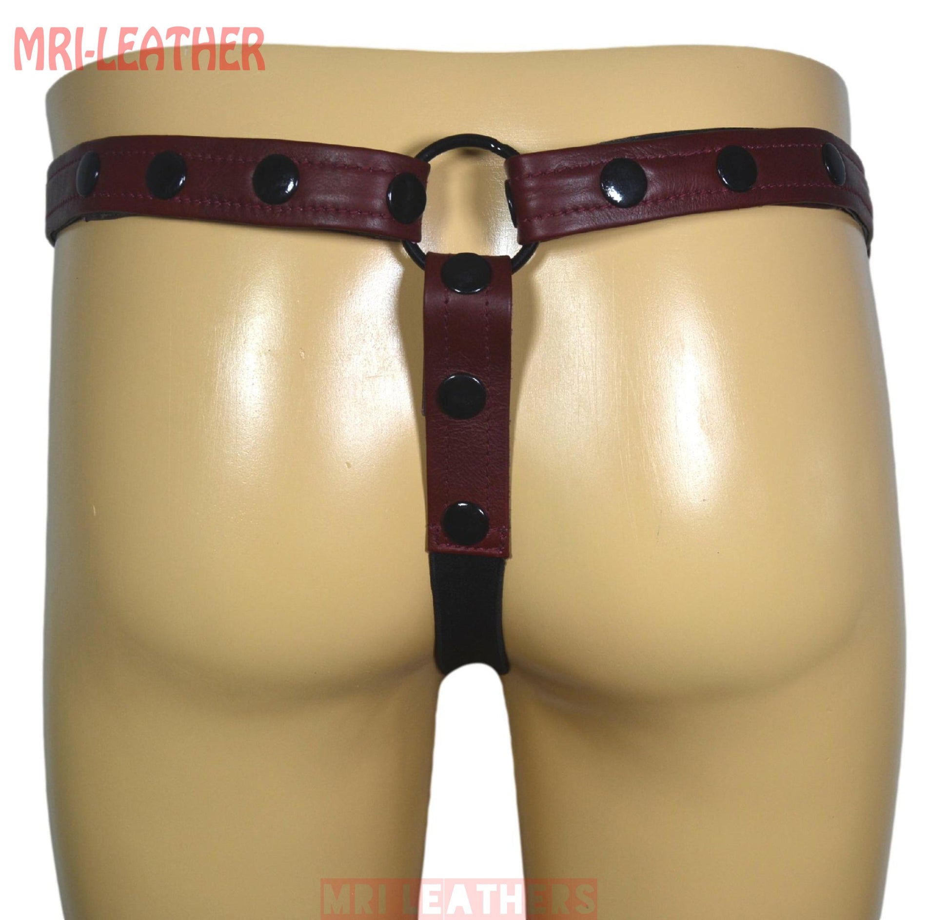 Men Leather Thong adjustable remove able pouch Tow tone maroon leather with zipper - MRI Leathers