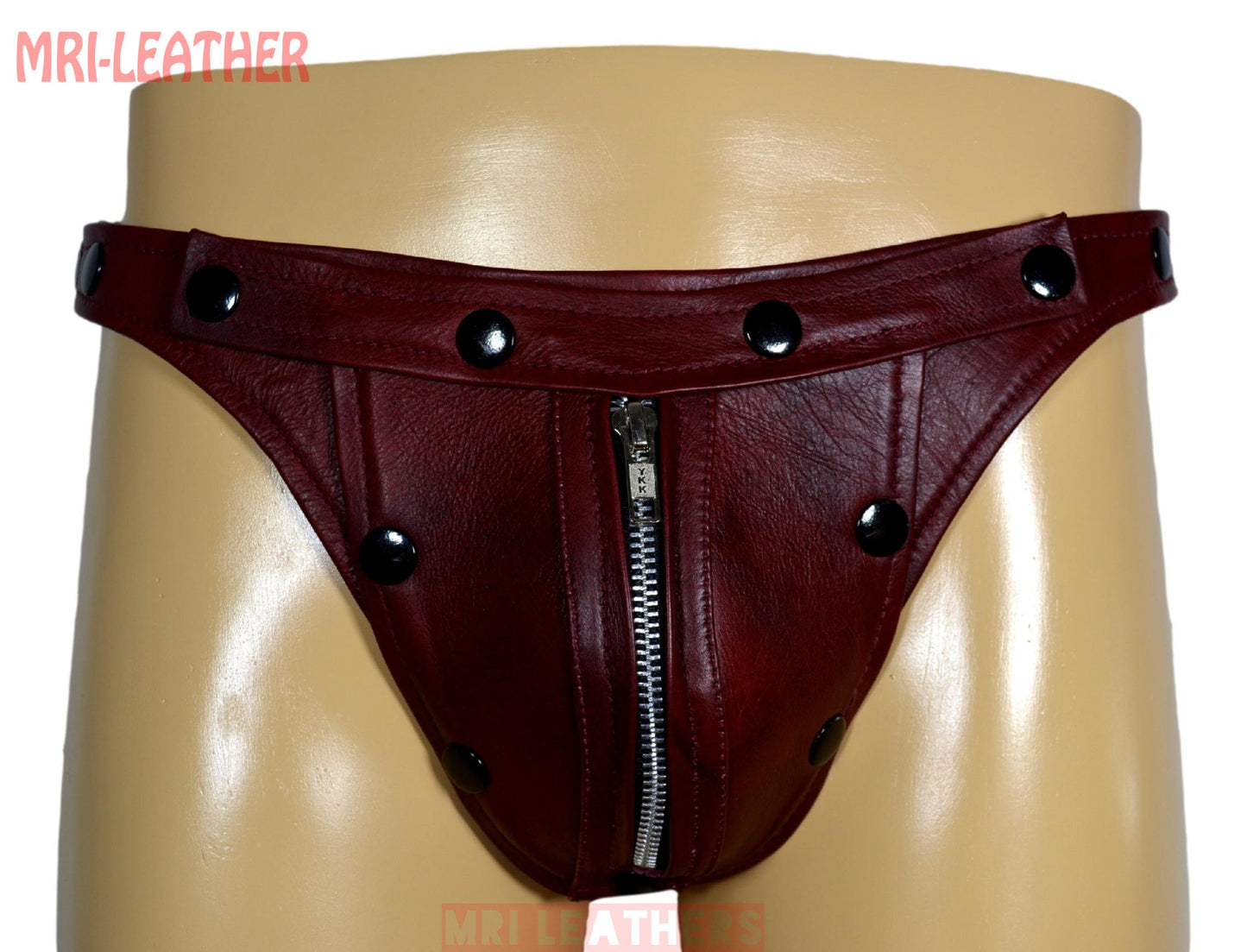 Men Leather Thong adjustable remove able pouch Tow tone maroon leather with zipper - MRI Leathers