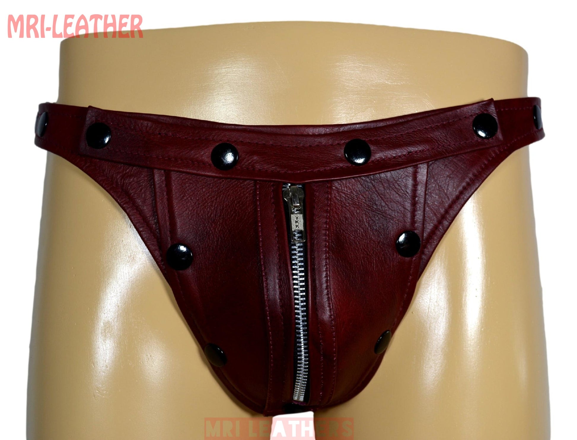 Men Leather Thong adjustable remove able pouch Tow tone maroon leather with zipper - MRI Leathers