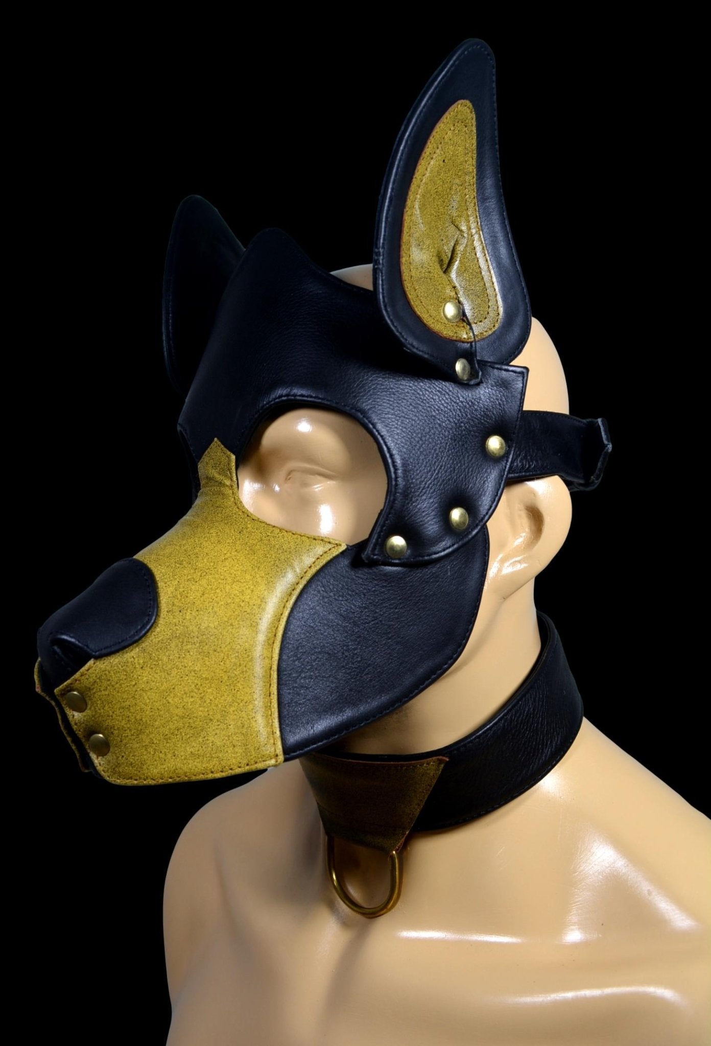 Full leather adjustable pup hood with stainless snaps.