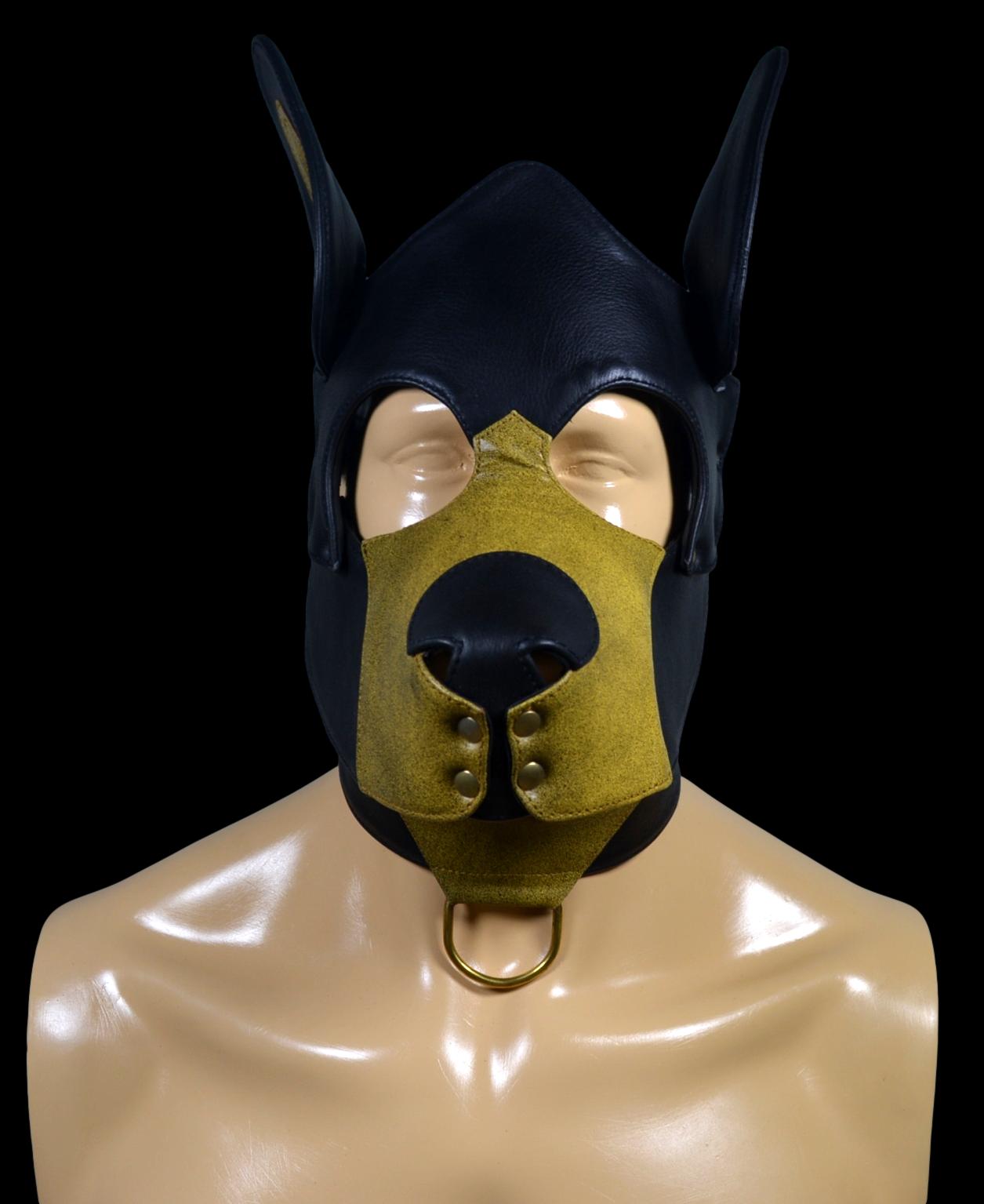 Pup Hood leather mask with adjustable buckle and stainless snaps.