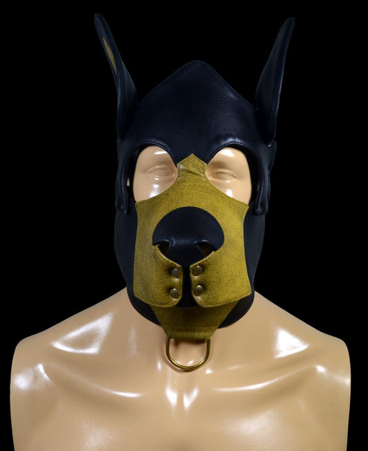 Pup Hood leather mask with adjustable buckle and stainless snaps.