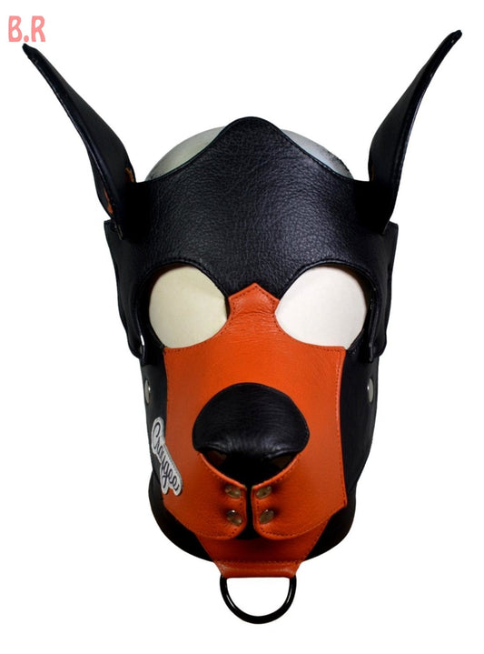 Full leather adjustable pup hood mask with stainless snaps.