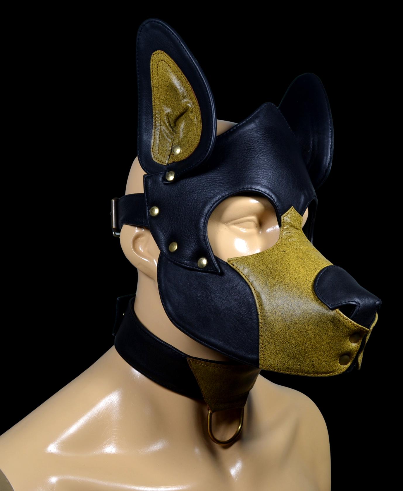 Full leather adjustable pup hood with stainless snaps and buckle.