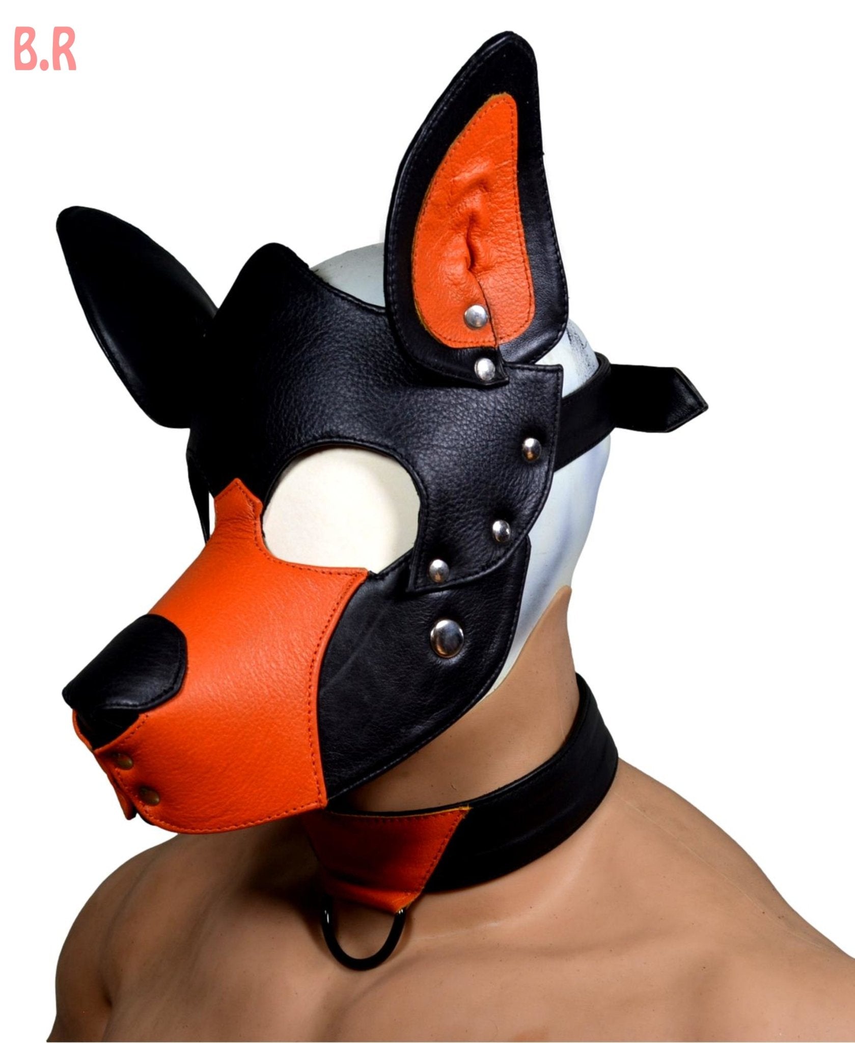 Full leather pup hood with adjustable buckle and stainless snaps.