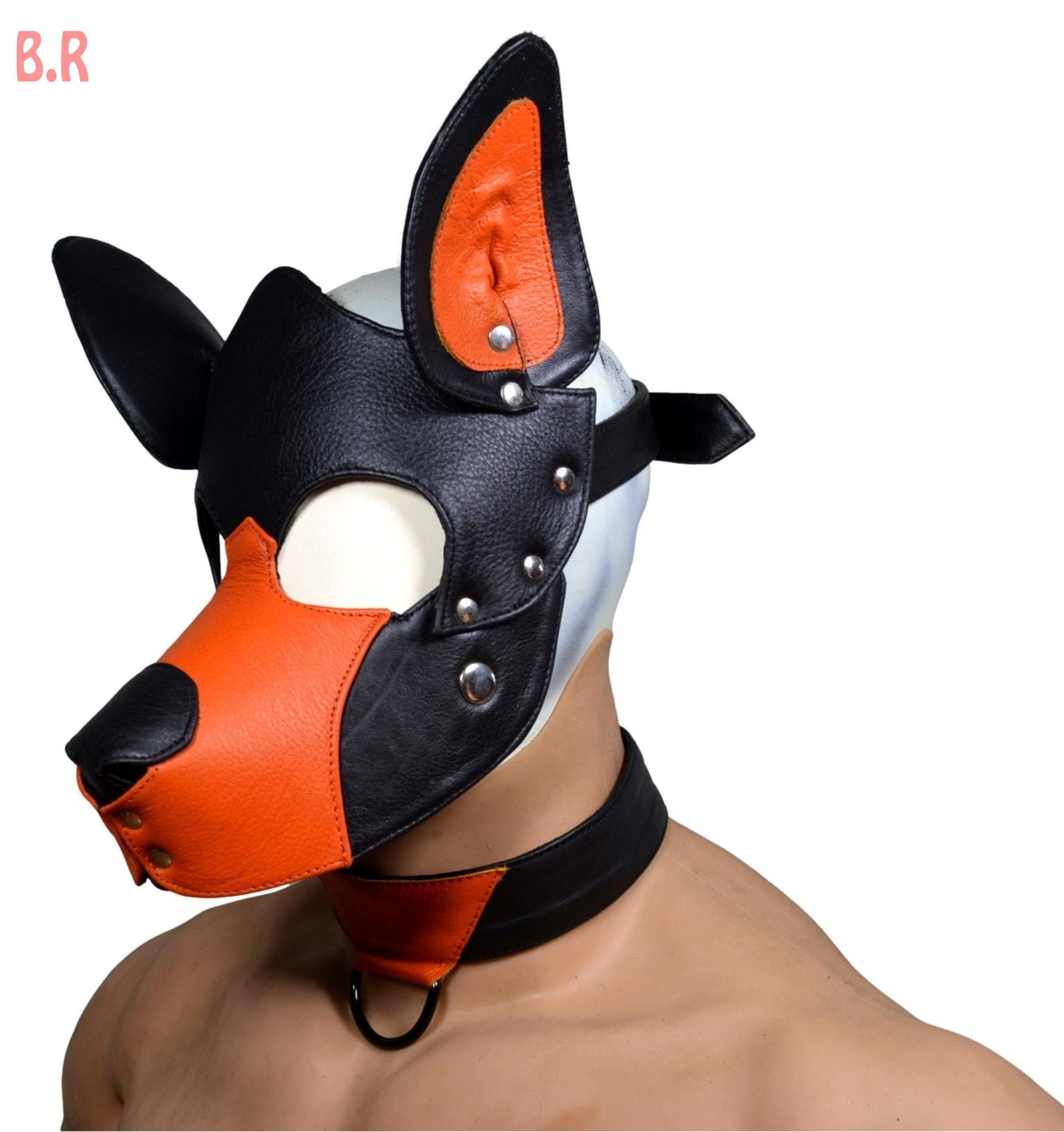 Full leather pup hood mask with adjustable buckle and stainless snaps.