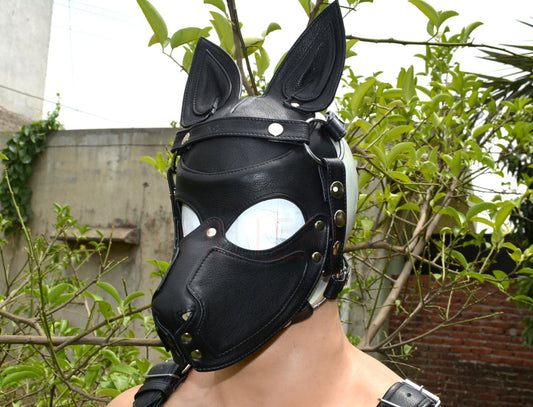 Black leather puppy mask head harness with adjustable straps, designed for cosplay and BDSM.