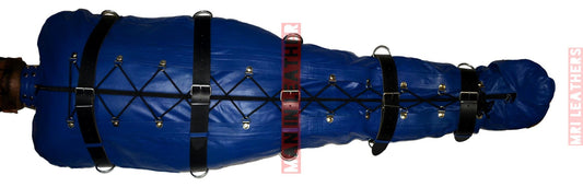 Real Blue Cow leather Sleep Sack Bondage Body Bag Bdsm Mummy Seductive Restricted Bondage Bag BDSM With Hood Heavy Duty belts Serious Bondage - MRI Leathers