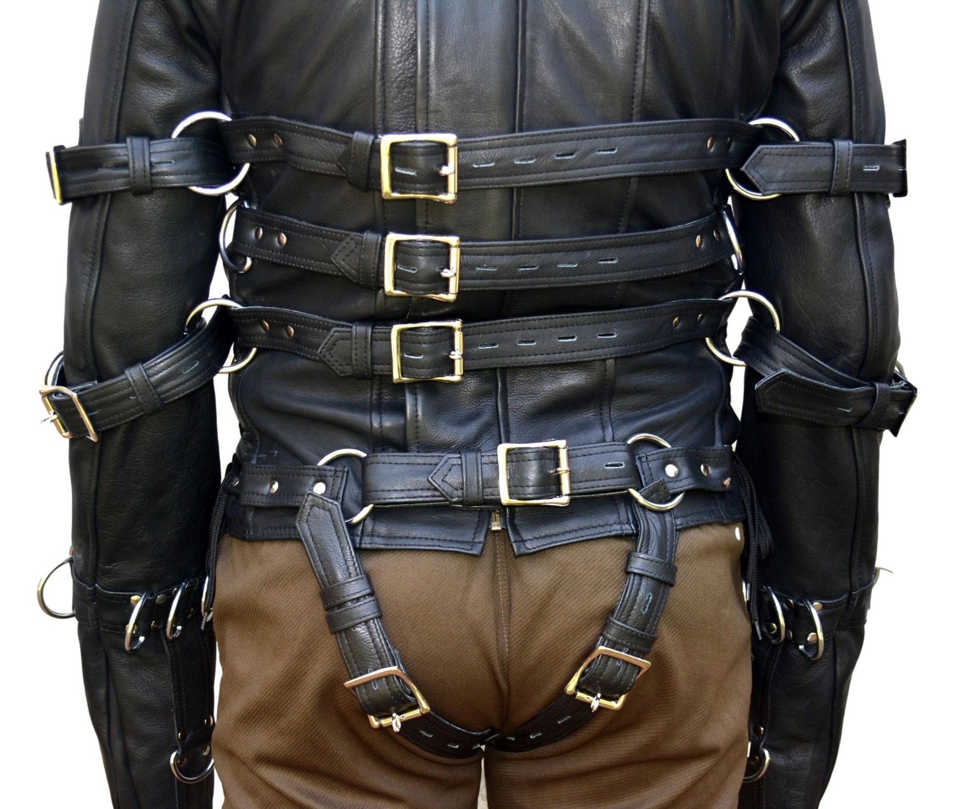 REAL LEATHER STRAITJACKET with multiple straps and buckles for secure restraint.