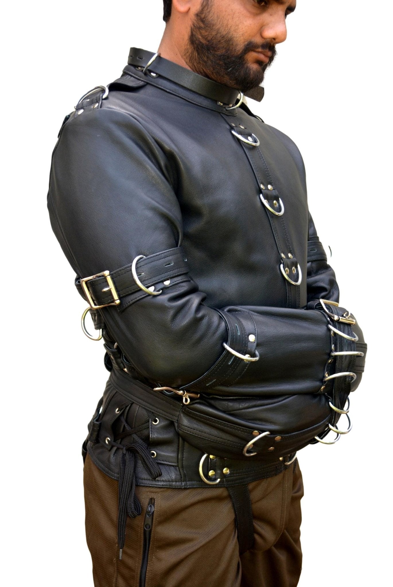 REAL leather straitjacket with heavy-duty straps and D-rings for extreme restraint.