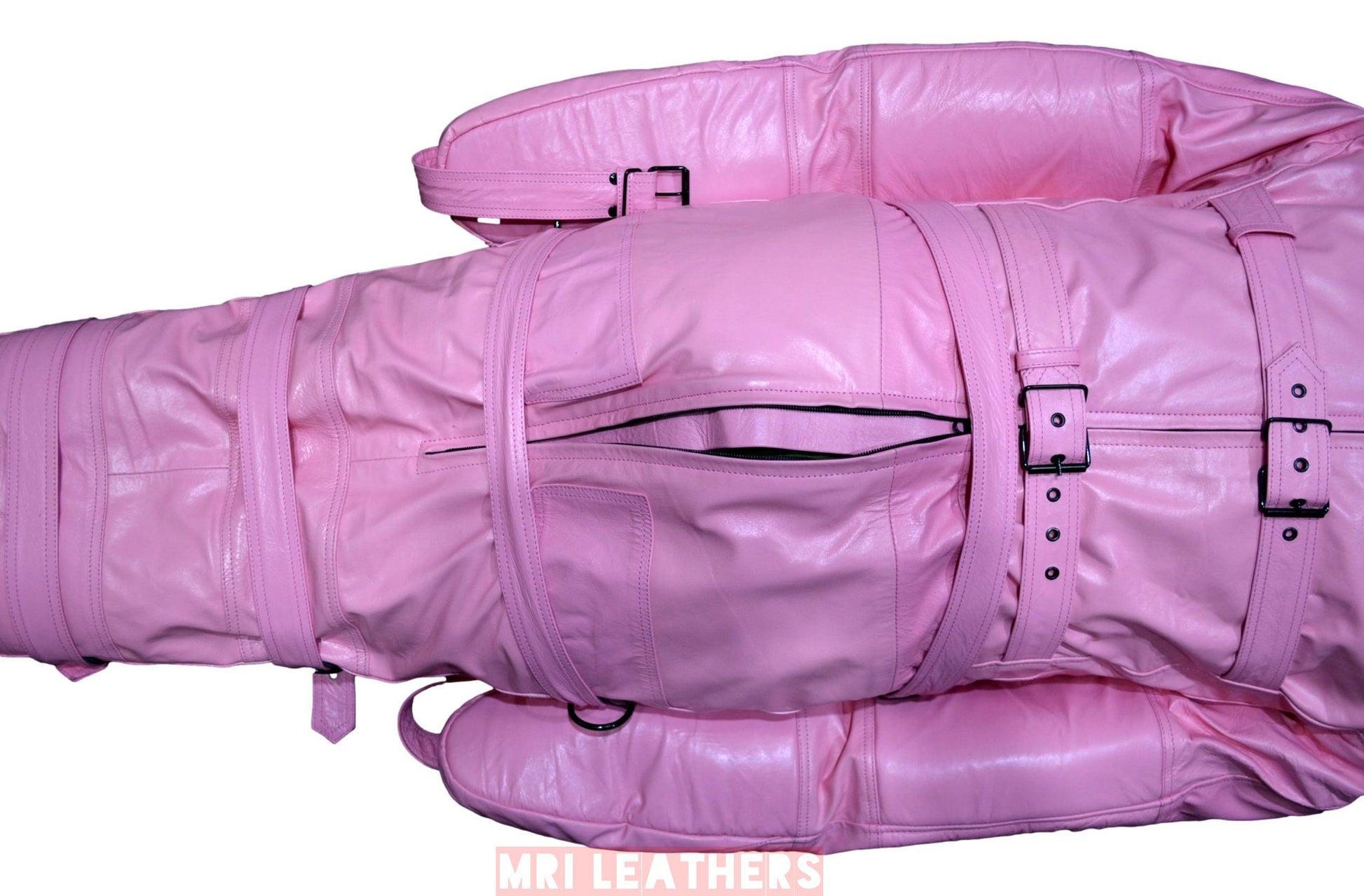 Real Pink Cow leather Sleep Sack Bondage Body Bag Bdsm Mummy Seductive Restricted Bondage Bag BDSM With Hood Heavy Duty belts Serious Bondage - MRI Leathers