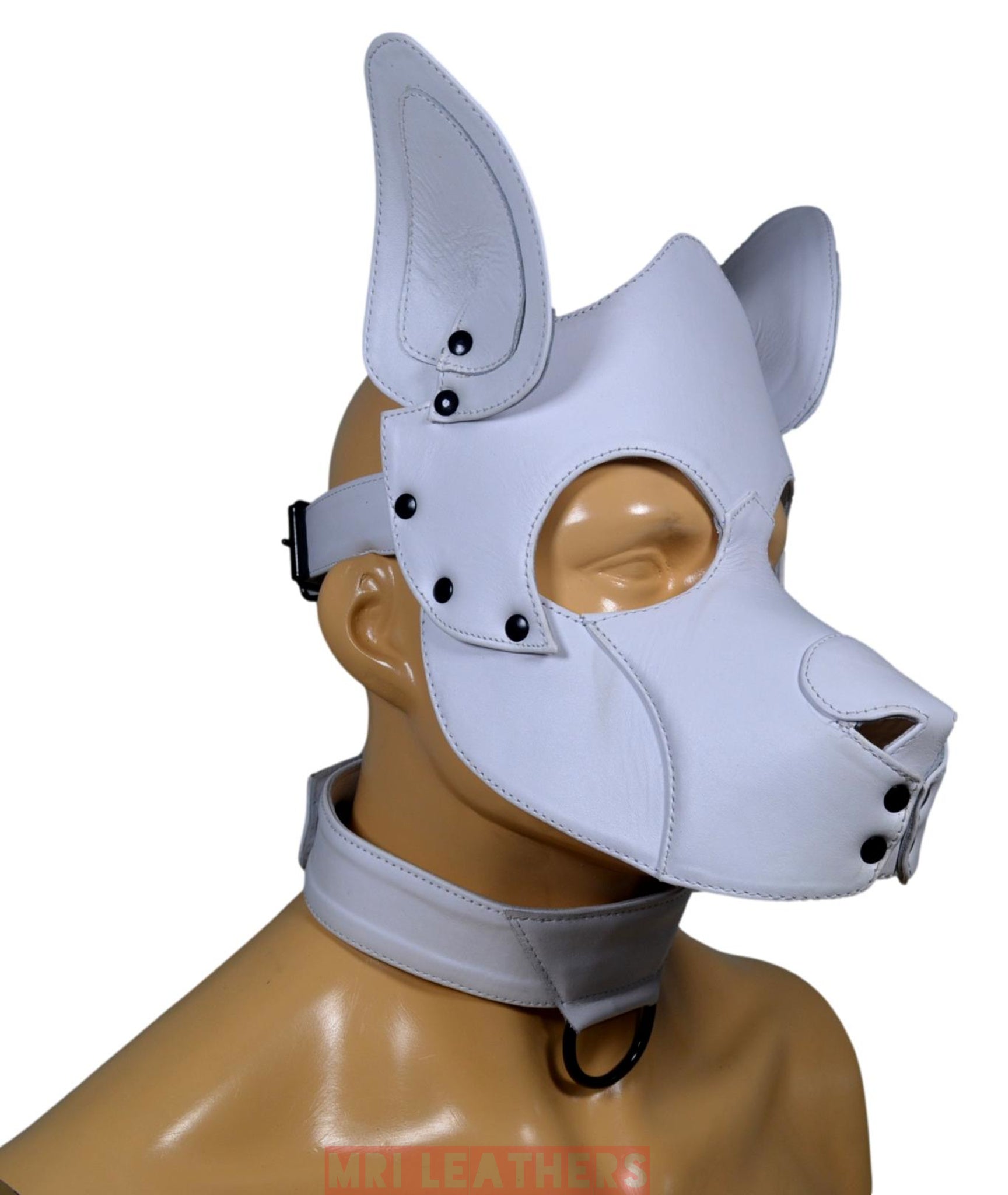 Stitch Leather Pup Mask White Leather - MRI Leathers