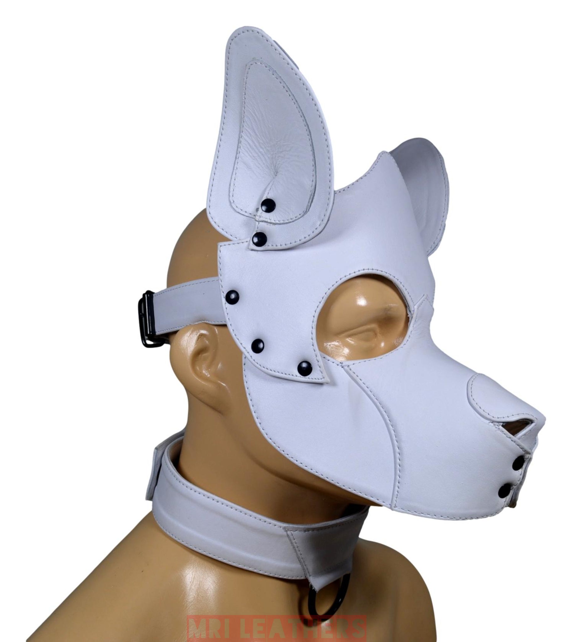Stitch Leather Pup Mask White Leather - MRI Leathers