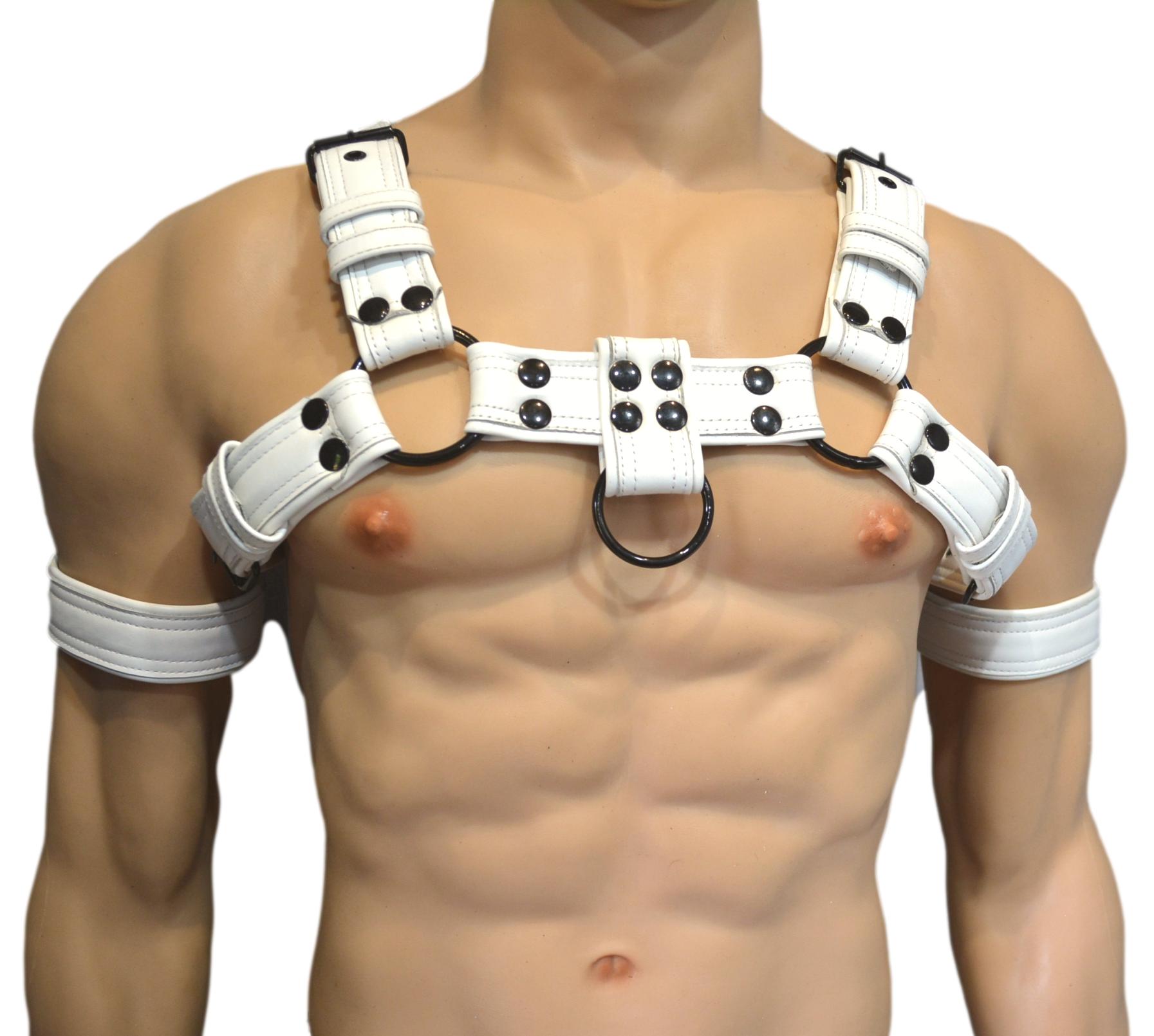 White Mens Leather Harness Body Chest Bulldog harness - MRI